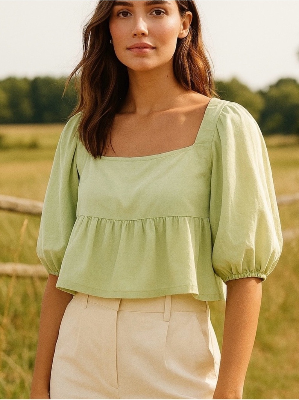Abercrombie & Fitch Light Green Puff-Sleeve Square Neck Crop Top